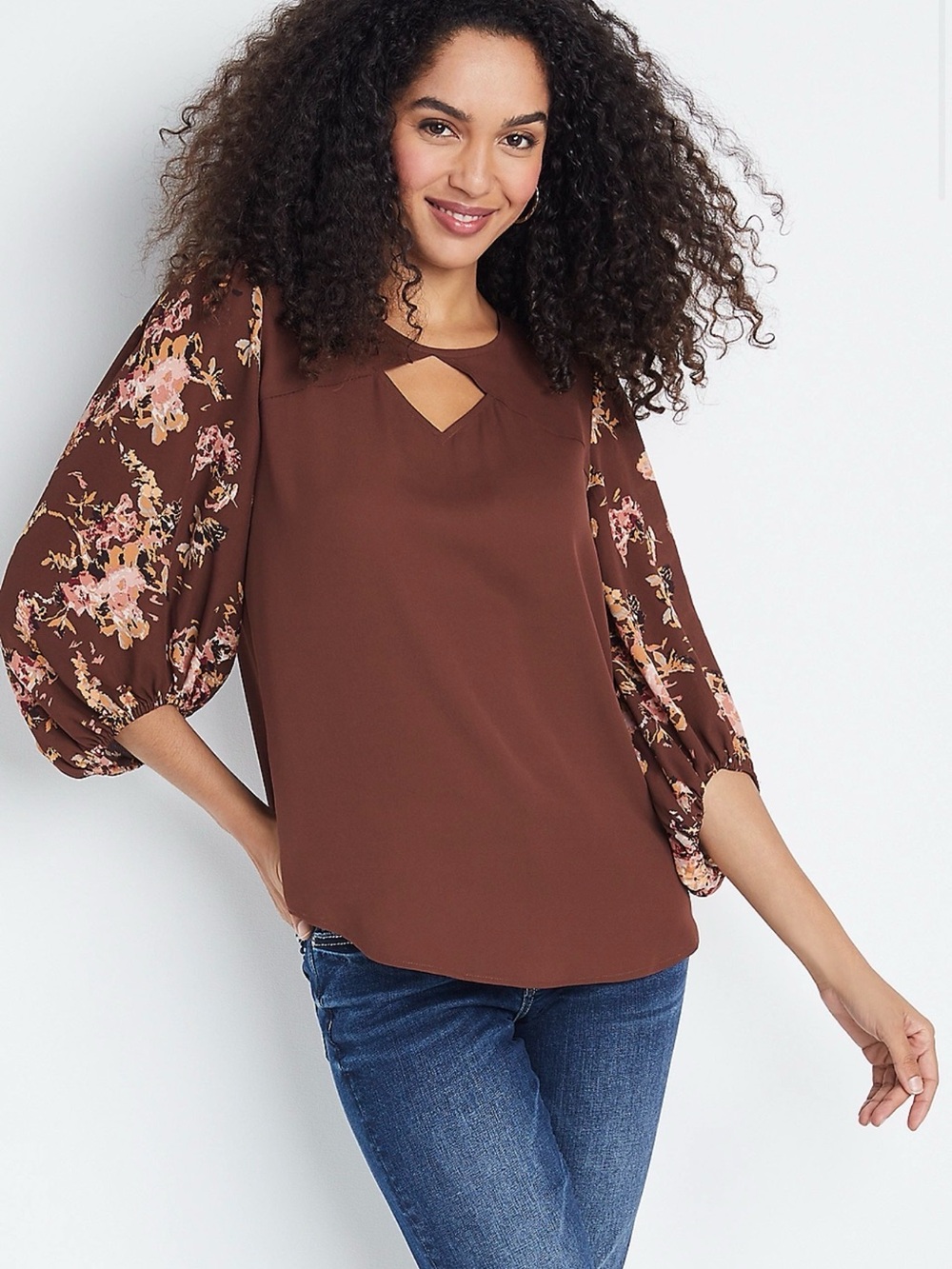 Women's Brown Floral-Sleeve Keyhole Blouse Size XL